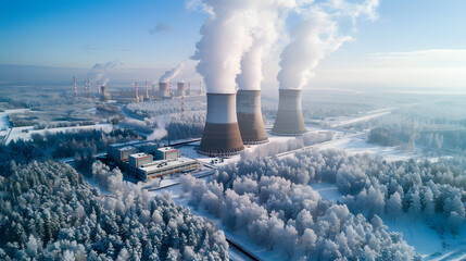 Wall Mural - Nuclear power plant surrounded by forest in winter