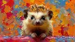a close up of a hedgehog on a colorful surface with paint splattered on it's walls.