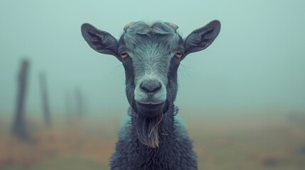 Wall Mural - a close up of a goat's face on a foggy day with grass and bushes in the background.