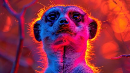 Wall Mural - a colorful picture of a meerkat looking up at the camera with a red and blue sky in the background.