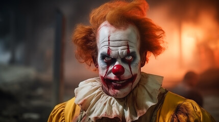 Fototapeta evil, bloody clown. a mad evil clown, stares at the observer with a creepy smile. evil redhead clown