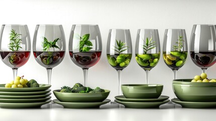 Wall Mural - a row of wine glasses filled with different types of wine and vegetables sitting on top of each other in front of a white wall.