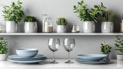 Wall Mural - a shelf filled with plates and glasses next to a potted plant on top of a white shelf filled with potted plants.