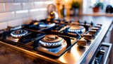 Fototapeta  - A clean and modern gas stove top with two burners, set into a stainless steel surface that is part of a kitchen counter. Generative AI.