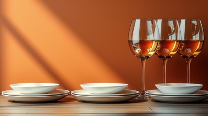 Poster - a group of wine glasses sitting on top of a table next to a bowl and a glass filled with wine.