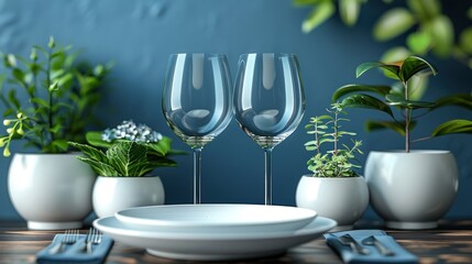 Wall Mural - a close up of three wine glasses on a table with a plate and a plant in the middle of the table.