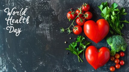 Wall Mural - Heart Shaped fresh veggies with the text World Health Day