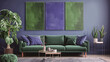 Maqueta de un salón de diseño con un sofá verde y una pared morada con tres cuadros de colores. El sofá está cubierto de cojines y hay una maceta en una esquina.