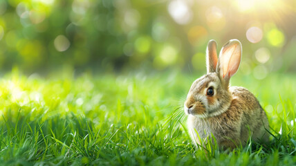 cute rabbit on green meadow with beautiful light .