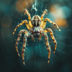 A detailed view of an orb-weaver spider centered on its delicate web with morning dew drops.