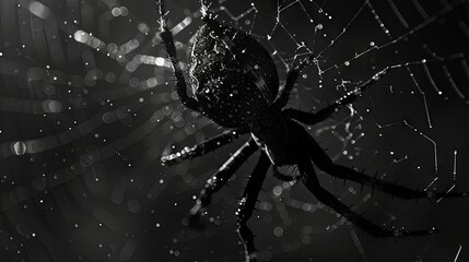 A detailed view of an orb-weaver spider centered on its delicate web with morning dew drops.