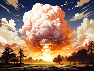 A nuclear bomb explodes on the ground. Forms radioactive clouds like mushrooms in the air.