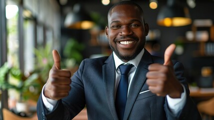 Canvas Print - Happy businessman, corporate success and two thumbs up sign. Focus hands of African entrepreneur worker in suit