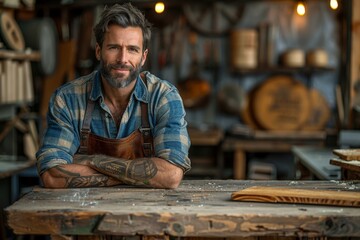 A cheerful male carpenter with facial hair and tattoos, smiling in his woodworking shop