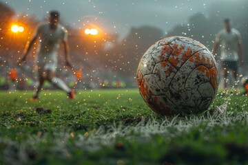 Wall Mural - An aged soccer ball rests on the grassy field with players and stadium lights in the background, representing sports, teamwork, and competition