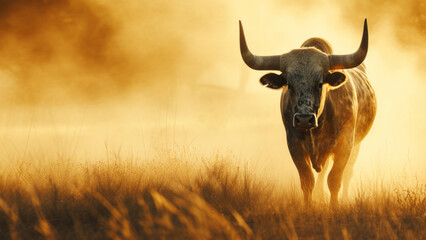 Wall Mural - A large bull raises dust with its furious running against the backdrop of sunset rays, a symbol of the state of Texas, bullfighting