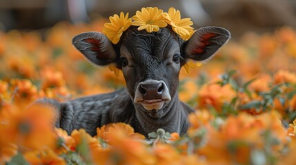 Wall Mural - a black cow with a yellow flower in it's hair in a field of orange flowers with a building in the background.