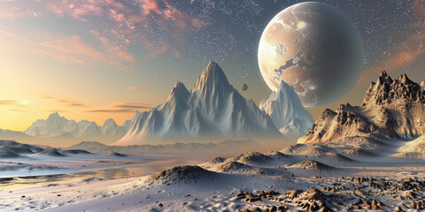 Alien planet fantasy landscape space background. Sci-fi horizontal poster. Science fiction digital raster bitmap illustration. Horizontal format wallpaper. AI artwork.
