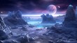 Alien planet fantasy landscape space background. Sci-fi horizontal poster. Science fiction digital raster bitmap illustration. Horizontal format wallpaper. AI artwork.