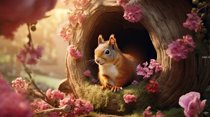 Wall Mural - A squirrel creating a cozy nest and decorating it with flowers