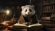 Ferret sitting in the library studying ancient philosophy