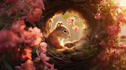 Wall Mural - A squirrel creating a cozy nest and decorating it with flowers