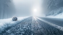 A Snail Sitting On The Side Of A Road In The Middle Of A Snow Covered Road In The Middle Of A Forest.