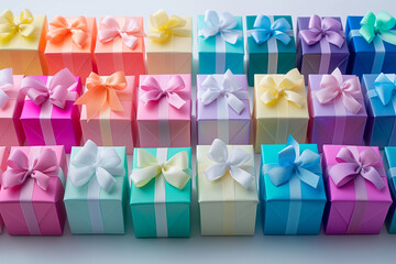 A captivating central composition of multi-sized, rainbow-colored gift boxes with elegant white bows. AI Generated