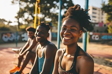 Wall Mural - Young millennials african american friends on outdoor gym happy black people having fun together generation z