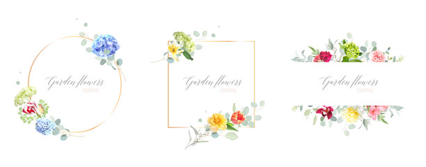 Bright florals and gold lines vector frames. Hand painted branches, flowers, leaves on white backgrounds.