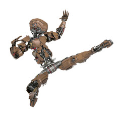 Poster - robot soldier is doing a kung fu side kick jump