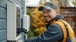 © visoot - Electrician installing charging station for electric car at home. Generative AI.
