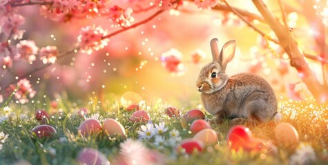 Wall Mural - Easter background with rabbit and colorful eggs on green grass sunlight, bokeh Generative AI