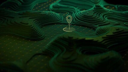 Loop topography HUD animation. 3D landscape with location point. Digital abstract terrain map.