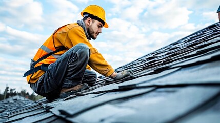Poster - A roofer repairs a roof, worker replaces shingles on the roof of a home. Generative AI.