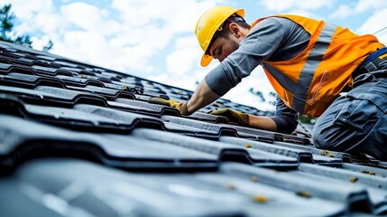 Poster - A roofer repairs a roof, worker replaces shingles on the roof of a home. Generative AI.