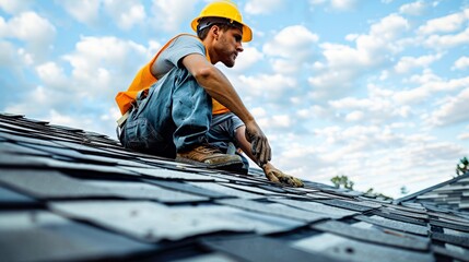 Poster - A roofer repairs a roof, worker replaces shingles on the roof of a home. Generative AI.