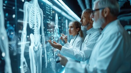 Aufkleber - Doctor works towards AI-powered health analytics on a transparent screen, brainstorming, group of doctors and engineers. Generative AI.
