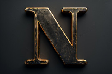 Wall Mural - Alphabet letter N with 3D rendering and metallic gold texture, elegant uppercase font design for luxury and jewelry concepts, works well on dark backgrounds