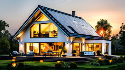 A modern suburban house at sunset with a photovoltaic solar panel system on the gable roof. Generative AI.