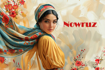 Beautiful young arabian woman in a turban on the background of Nowruz text.