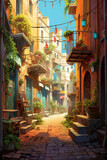 Fototapeta Uliczki - Illustration of the typical ancient street alley and building in Italy where residents live their daily lives.