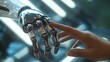 The human finger delicately touches the finger of a robot's metallic finger