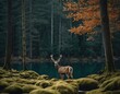 Majestic deer standing by a tranquil forest lake with reflection, surrounded by autumn trees.