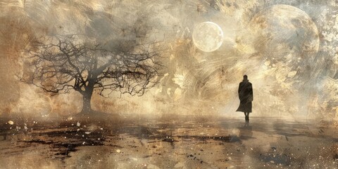 Wall Mural - A man is walking in the woods at night