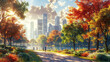Autumn park with vibrant foliage overlooking a serene lake with city skyline in the background, depicting urban nature harmony.
