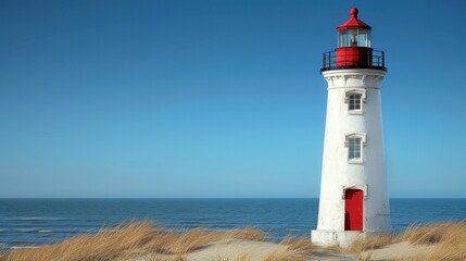 Canvas Print - Seaside Safety: A striking red and white lighthouse stands proudly on the coastal rocks, guiding ships with its bright beacon against the blue sky and ocean backdrop