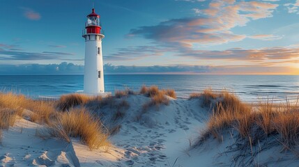 Poster - Seaside Beacon: A white lighthouse stands tall on the coast, guiding ships with its bright light, framed by the vast ocean, blue sky, and sandy shore