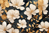 Fototapeta Storczyk - Seamless watercolor floral pattern with golden flowers and leaves on a dark blue background.