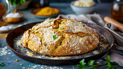 Wall Mural - Irish Soda Bread: Macro Lens Close-Up Shot of Ingredients and Utensils in Background, Creative Food Photography Style Created with Generative AI Technology